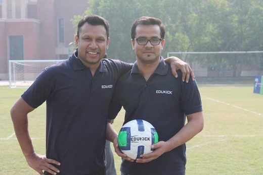 Mahabir and Eric Benny in EduKick polos at the EduKick launch