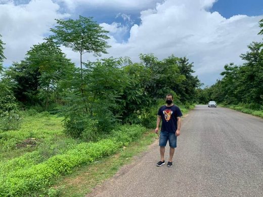 Mahabir standing on an empty tree-lined road