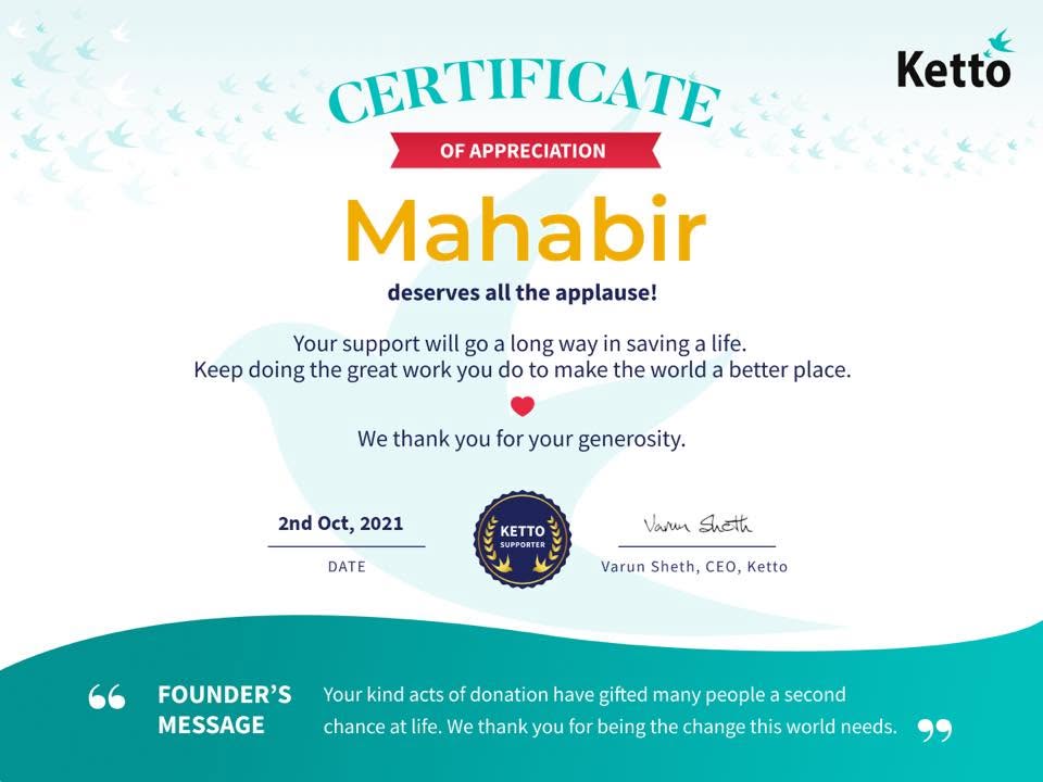 A certificate of appreciation from Ketto thanking Mahabir for a donation, dated October 2021