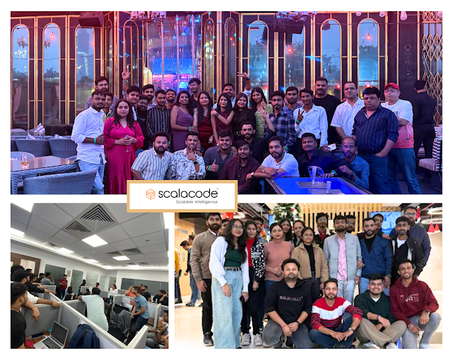 The ScalaCode team together at an evening get-together and at the office